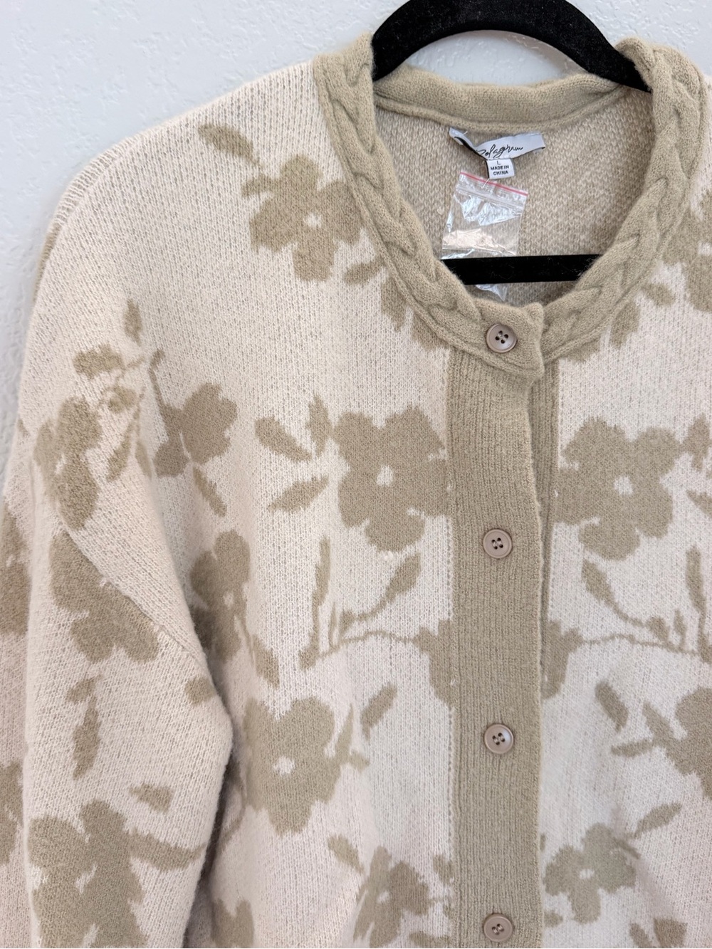 Polagram Floral Print Cardigan Cream Tan Cable Knit Collar Size L - Picture 3 of 6